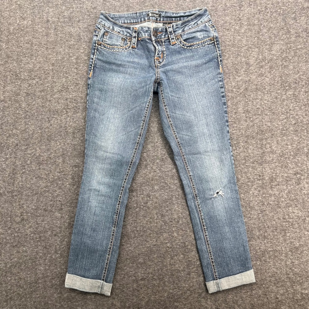 Soundgirl Womens Medium Wash Low Rise Skinny Jeans Embroidered Pockets Size‎ 7